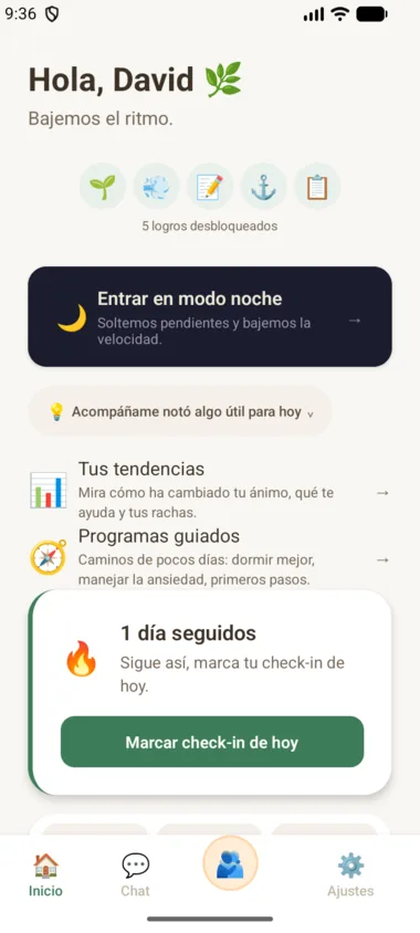 Pantalla de inicio de Acompáñame, con las herramientas disponibles.