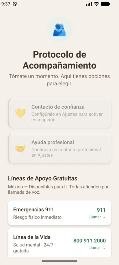 Protocolo de acompañamiento con contacto de confianza y líneas de apoyo gratuitas.
