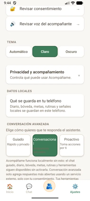 Pantalla de privacidad y consentimiento granular.